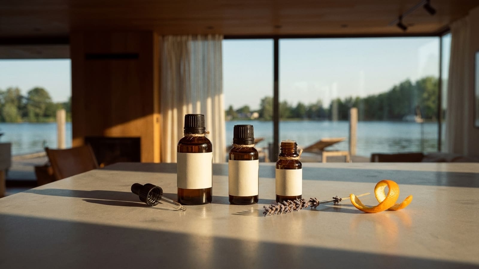 Drei braune Glasfläschchen mit leeren Etiketten auf einer hellen Tischplatte im Sonnenlicht, daneben eine Pipette, ein Lavendelzweig und eine Orangenschale, im Hintergrund Fenster mit Blick aufs Wasser