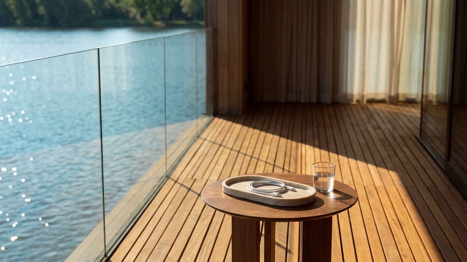 Runder Holz-Beistelltisch auf einer Holzterrasse am Wasser, darauf eine helle Schale mit einem aufgerollten weißen Ladekabel und ein Glas Wasser, hinter der Glasbrüstung der See in tiefer Sonne