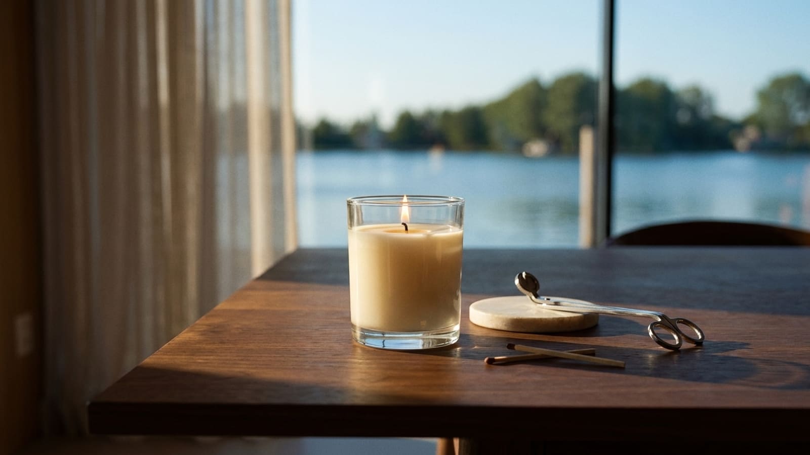 Brennende Kerze in einem klaren Glas auf einem dunklen Holztisch, daneben ein Dochtschneider, ein heller Untersetzer und zwei Streichhölzer, im Hintergrund ein Fenster mit Blick auf Wasser