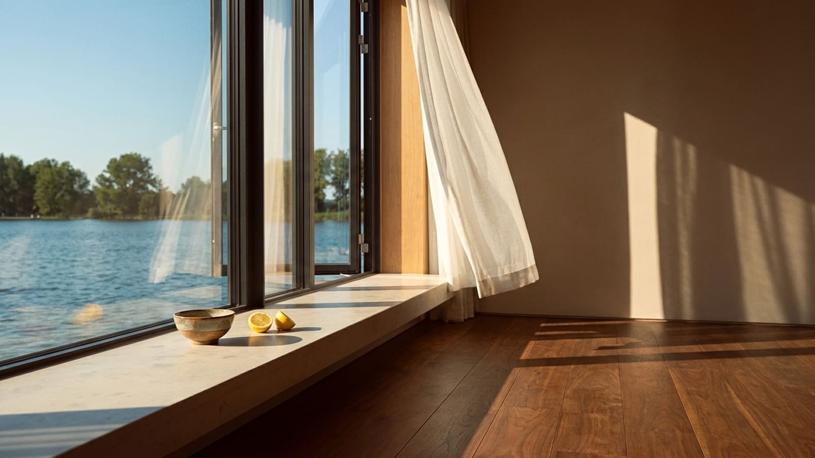 Weit geöffnetes Fenster zum Wasser mit wehendem weißem Vorhang, auf der hellen Fensterbank eine kleine Schale und zwei Zitronenhälften, davor ein Holzboden im tiefen Sonnenlicht