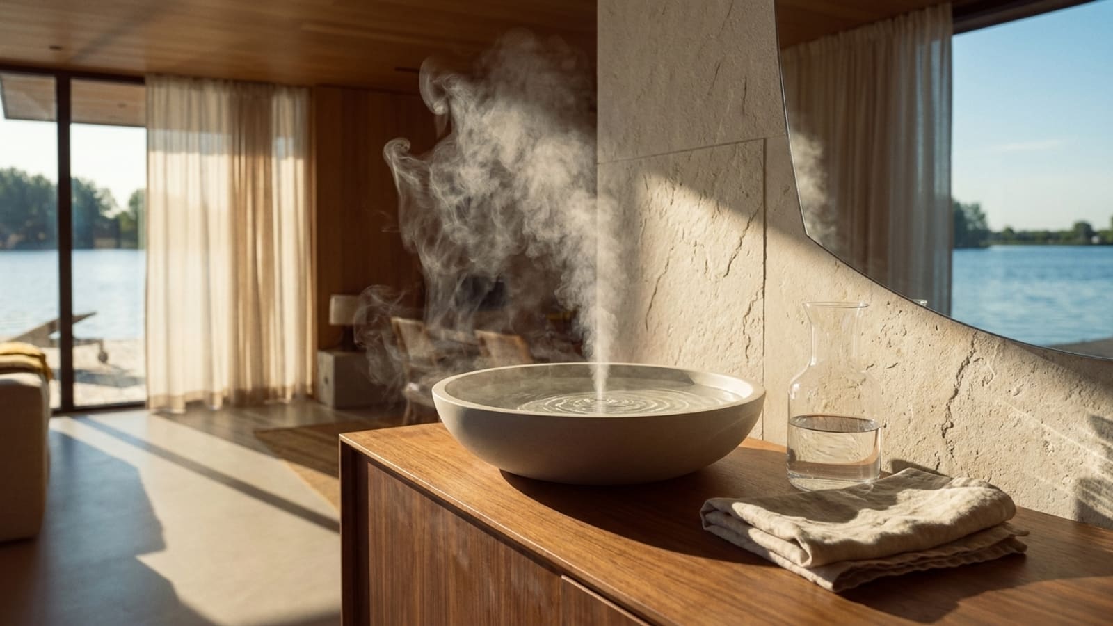 Feiner Nebel steigt aus der Mitte einer flachen Schale mit Wasser auf, daneben eine Glaskaraffe und ein gefaltetes Tuch auf einem Holzsideboard im Sonnenlicht
