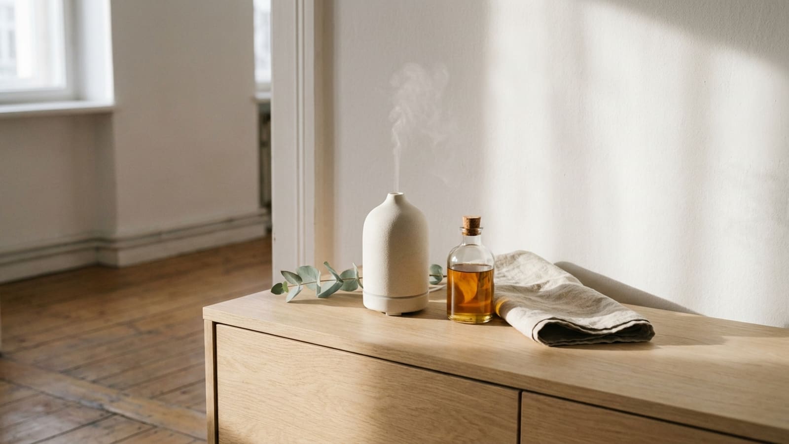 Weißer Keramik-Diffuser mit feinem Nebel auf einem hellen Holzsideboard, daneben ein Glasfläschchen mit bernsteinfarbenem Öl, ein Leinentuch und ein Eukalyptuszweig
