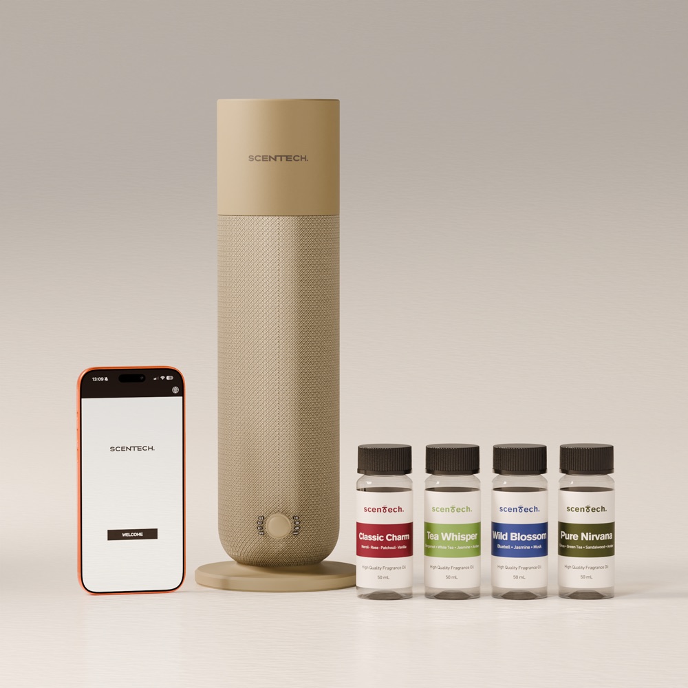 Scentech Smart Aroma Diffuser 2 mit Smartphone-App und Duft-Pods auf einer Kommode
